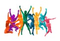 Colorful happy group people jump vector illustration silhouette. Cheerful man and woman isolated. Jumping fun friends background. Royalty Free Stock Photo